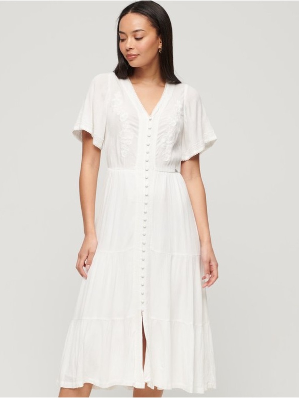 Luxology White Button-Front Midi Dress with Flutter Sleeves
